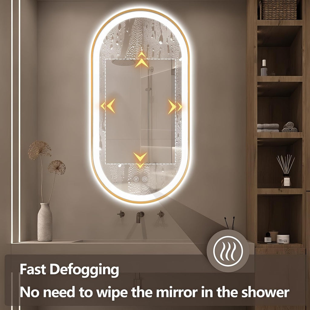 Niccy Oval LED Mirror for Bathroom, 48x24 Front Lit + Backlit Vanity Mirror with Light Anti-Fog, Shatter-Proof, 3 Colors, Makeup Mirrors with Gold Frame (Horizontal/Vertical)