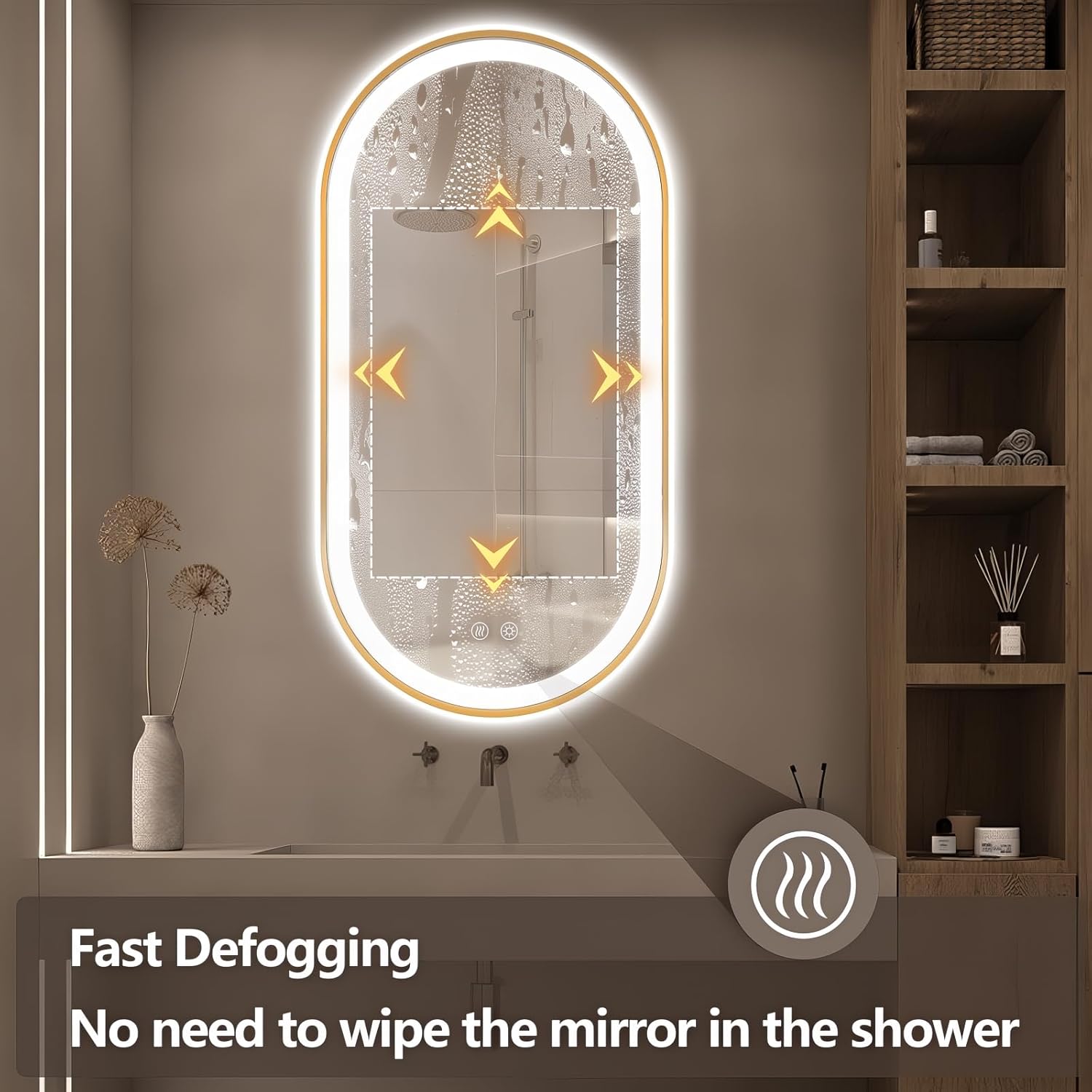 Niccy Oval LED Mirror for Bathroom, 48x24 Front Lit + Backlit Vanity Mirror with Light Anti-Fog, Shatter-Proof, 3 Colors, Makeup Mirrors with Gold Frame (Horizontal/Vertical)