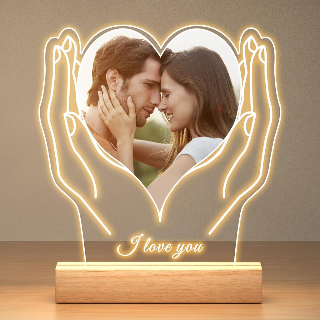Personalized Picture Frame with Photo, Customized Photo Frame with Night Light, Custom Picture Frames, Personalized Anniversary Valentines Day Gifts for Women Men Her Him Girlfriend Boyfriend Couple