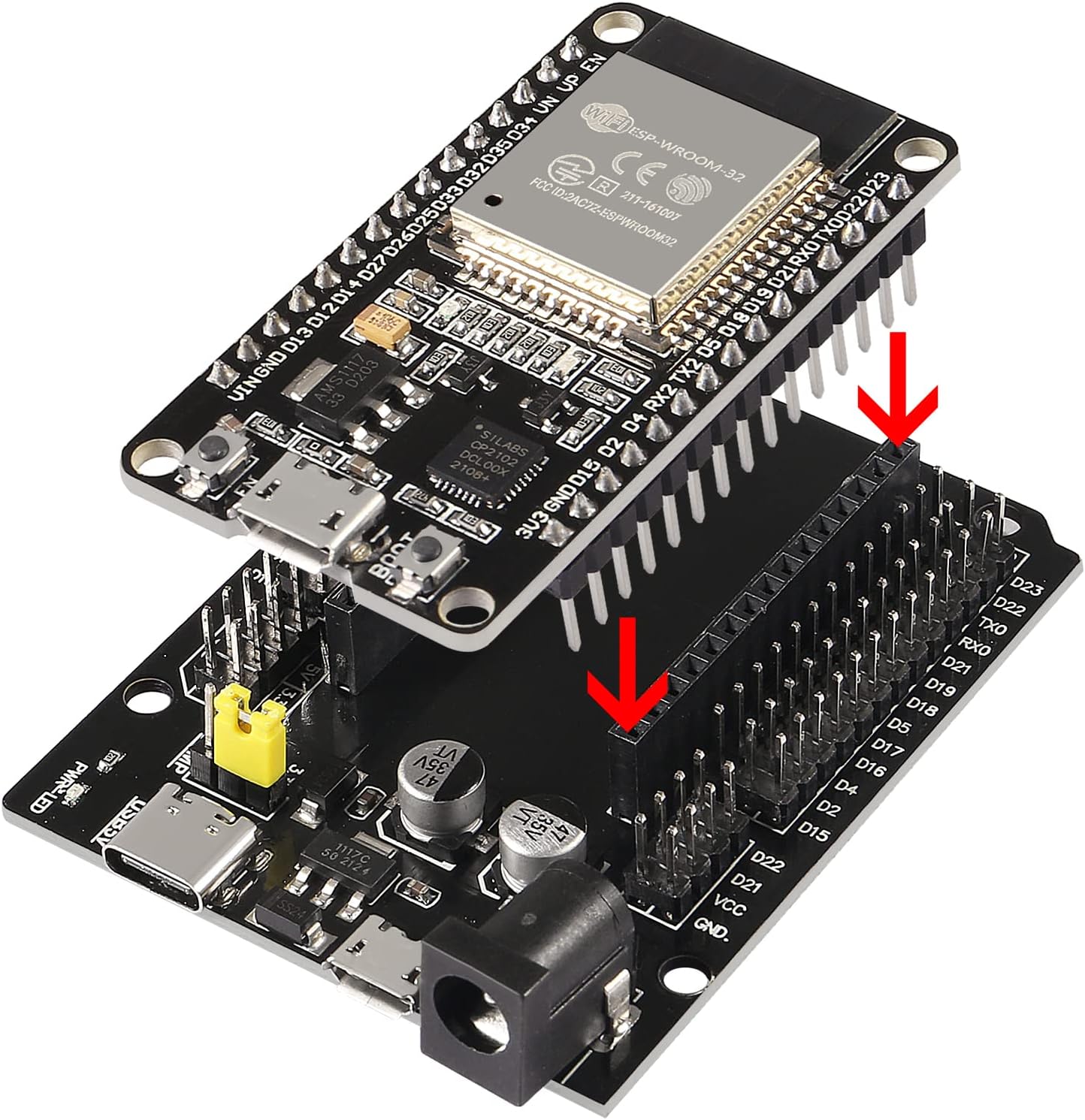 AITRIP 2 Sets ESP-WROOM-32 ESP32 ESP-32S Development Board CP2102 WiFi+Bluetooth Ultra-Low Power Dual Core ESP32-DevKitC-32 ESP-WROOM-32 with Expansion Board for Arduino