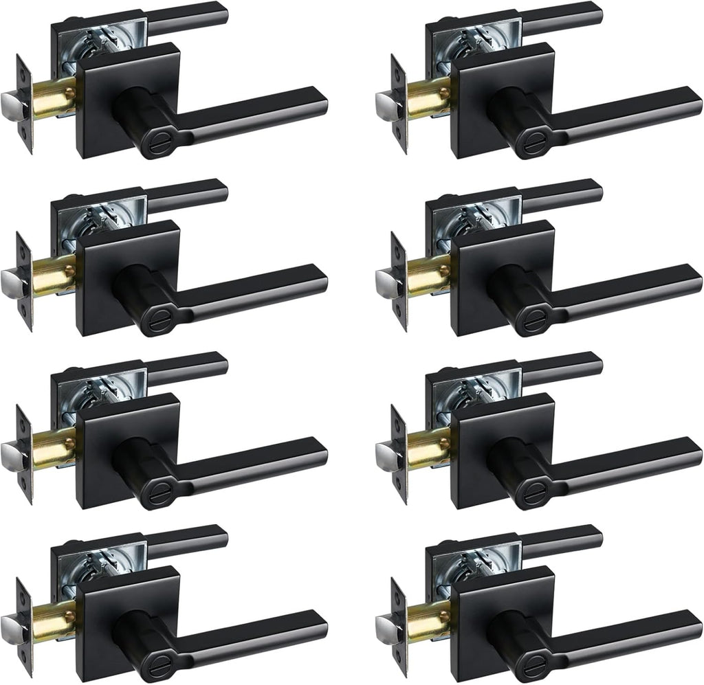 Privacy Door Lever, Heavy Duty Bathroom Bedroom Handle Lock, Keyless Interior Knobs, Matte Black, Reversible for Right&Left Handed, 8Packs