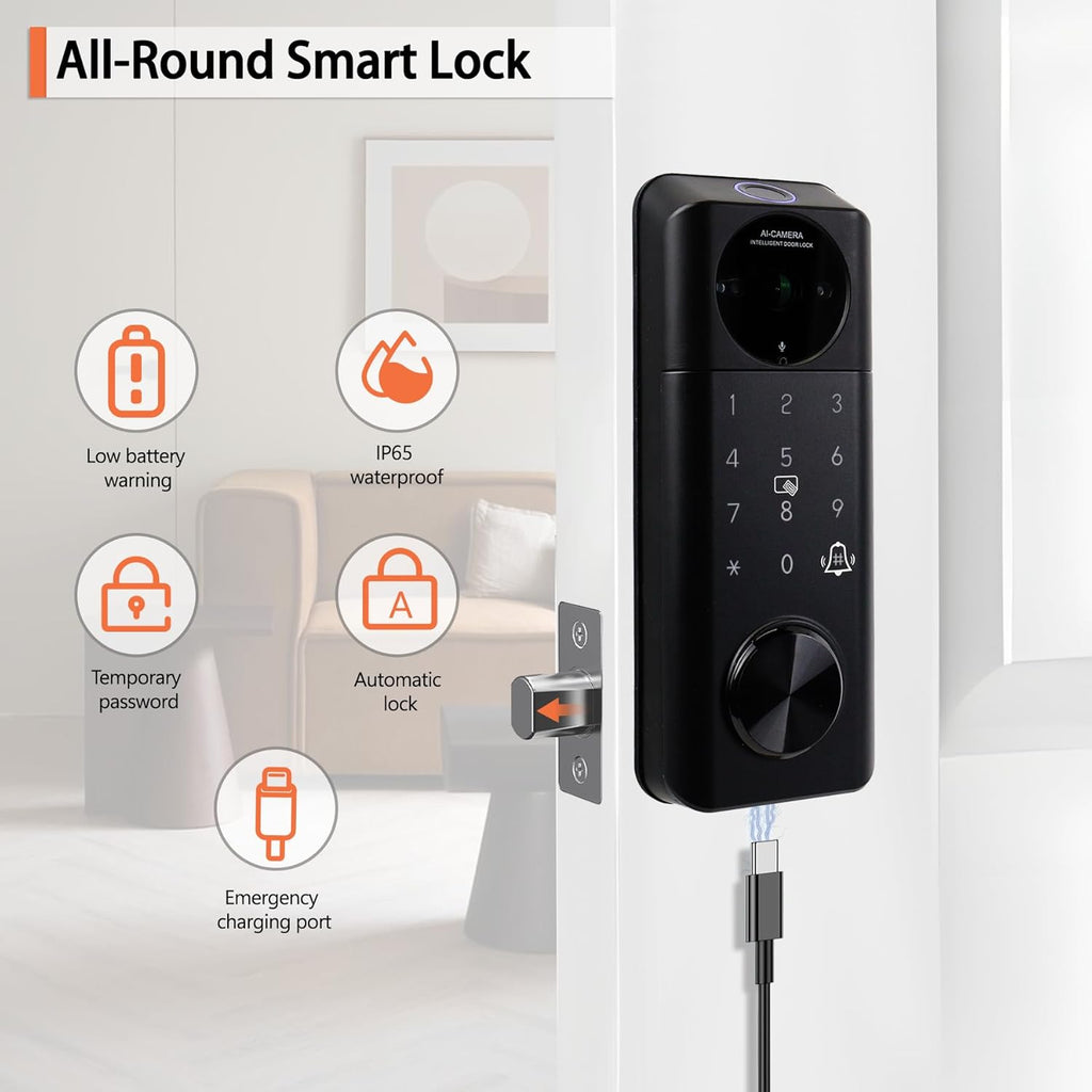 Video Smart Lock with Camera, 5 in 1 Keyless Entry Door Lock with App Control, Built-in WiFi Camera Deadbolt Lock for Front Door, Video Calling (Matte Black)