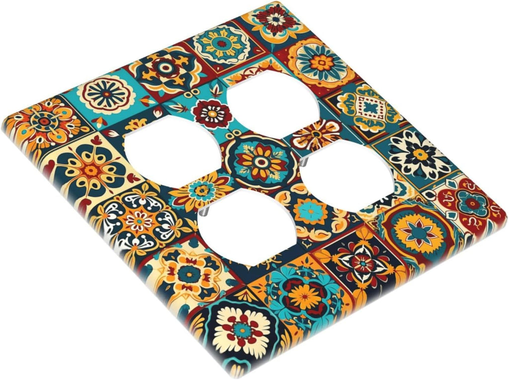Mexican Talavera Ceramic Tile Moroccan Boho Outlet Covers 2 Gang Double Duplex Decorative Light Switch Covers Electrical Wallplates Socket Faceplate for Bathroom Kitchen Decor