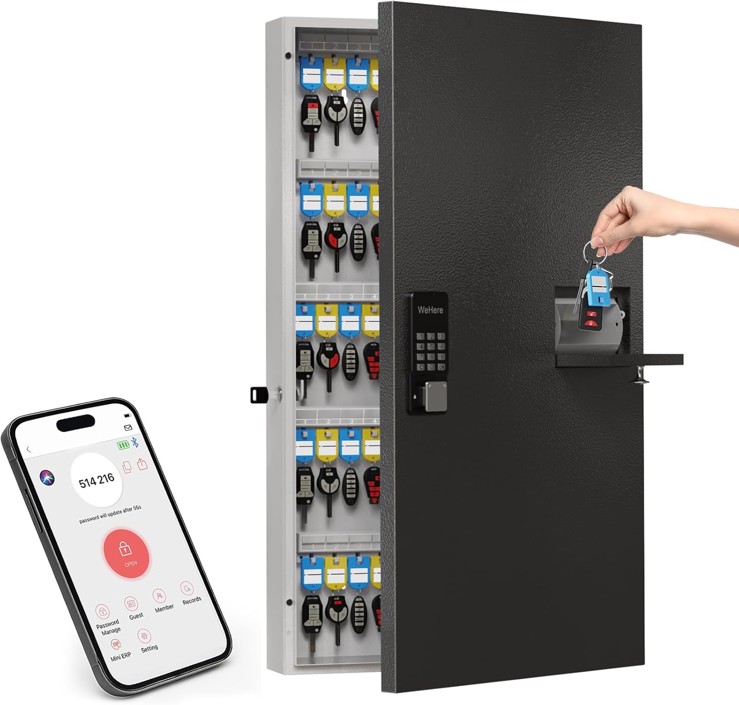 104 Keys Lock Box with Drop Slot, Key Cabinet Wall Mount, Fixed Code/OTP, APP Bluetooth/Wi-Fi, Spare Key Unlock, Large Key Return Box for Hotel, Car Dealerships, Realtors, Office