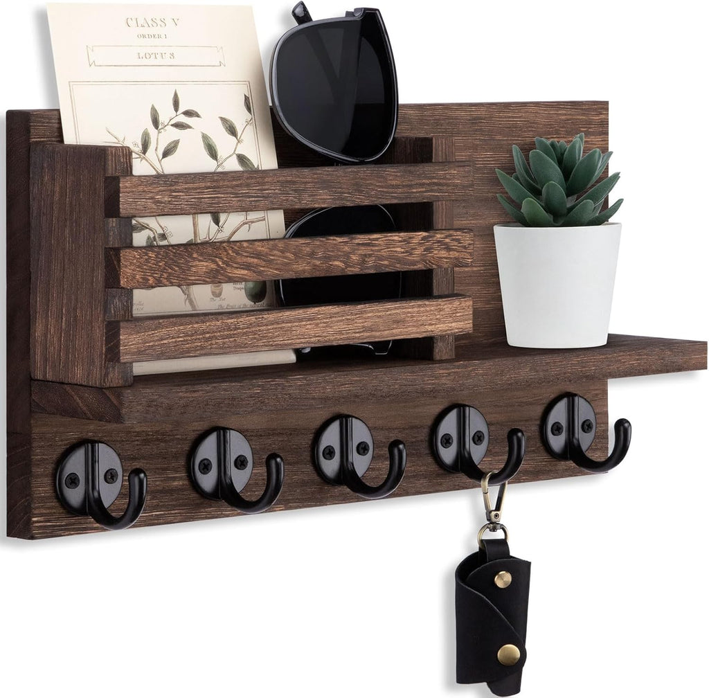 Key Holder for Wall – Decorative Wooden Mail Holder and Key Shelf with Mounting Hardware, Installation Guide – Paulownia Wood with 5 Metal Key Hooks (11.8” x 6.7” x 2.8”)