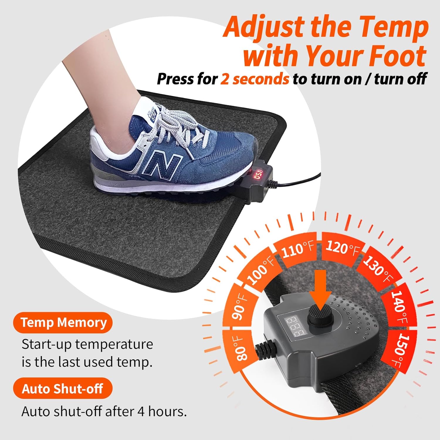 Heated Floor Mat Under Desk for Foot Warmer - Wider 110V Adjustable Temperature Electric Space Heaters Heating Pad - Carbon Crystal & Energy Saving Feet Warmers for Office,Home (Black Gray)