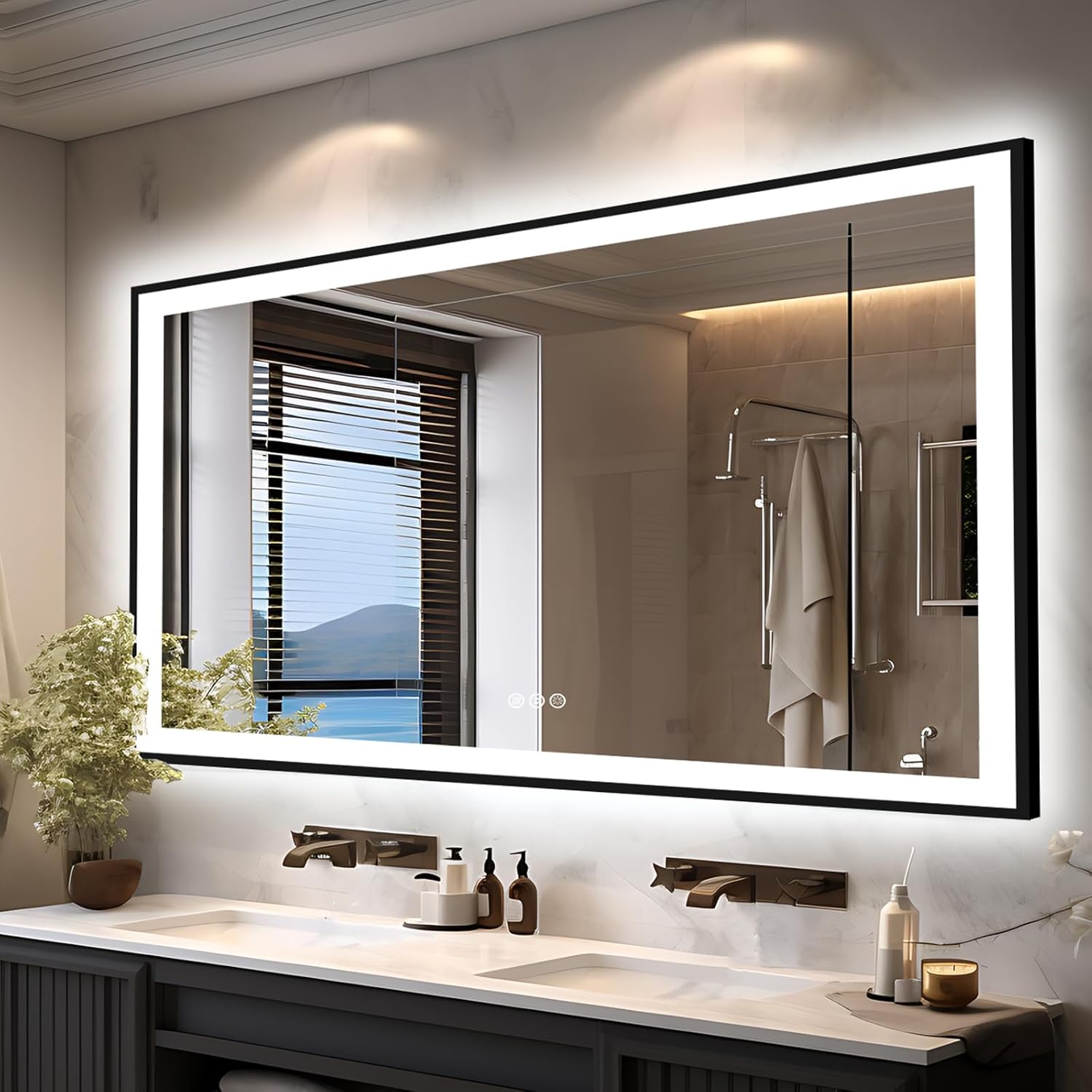 66x36 LED Lit Bathroom Mirror - Black Framed, Front and Backlit LED Mirror, Anti-Fog Bathroom Mirror with Lights, 3 Colors Stepless Dimmable Mirror, Touch Sense (Horizontal/Vertical)