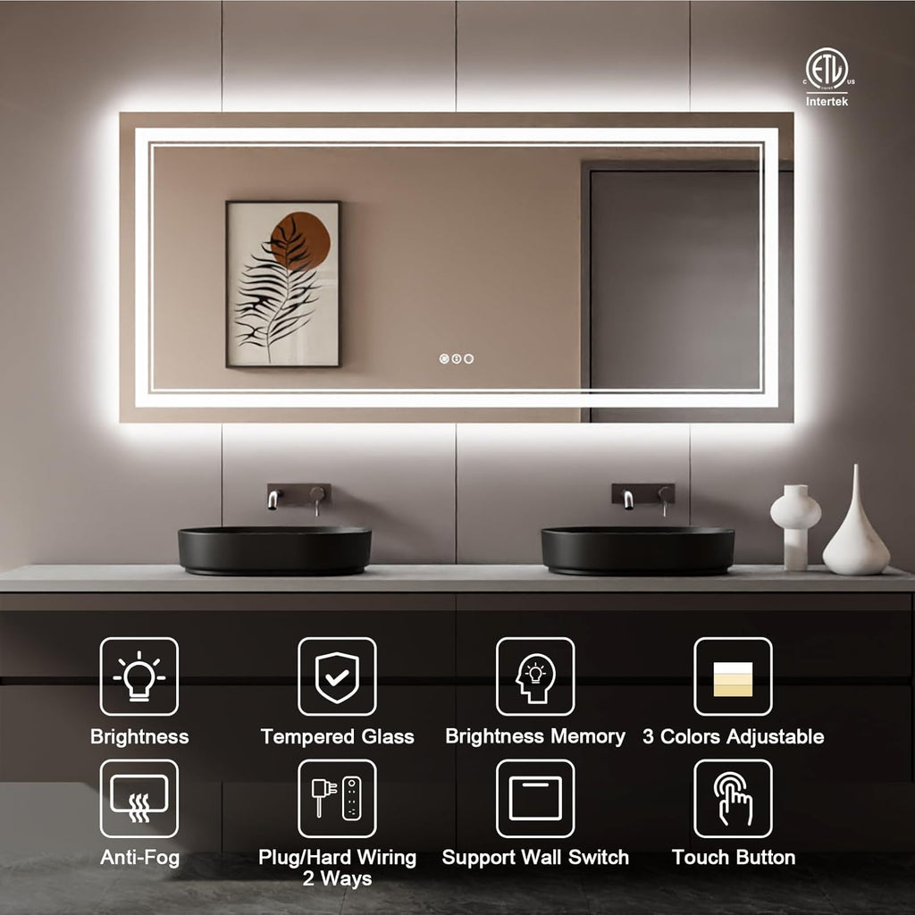 77x36 Inch LED Bathroom Mirror with Lights, Backlit and Front Lighted Bathroom Mirrors for Wall, Anti-Fog Dimmable Memory Shatterproof LED Vanity Mirror for Bathroom