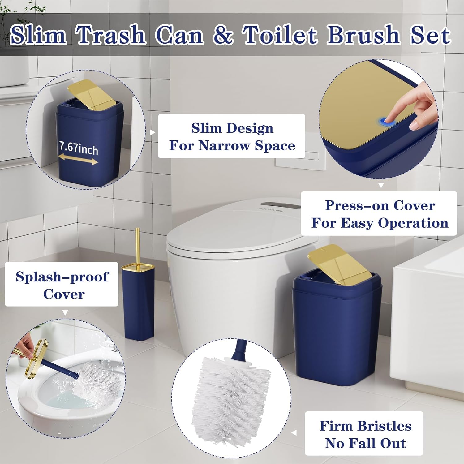 Bathroom Accessory Set, 11PC Bathroom Set, Navy Blue Bathroom Accessories, Bathroom Accessories Set with Trash Can, 3PC Soap Dispensers and Toilet Brush