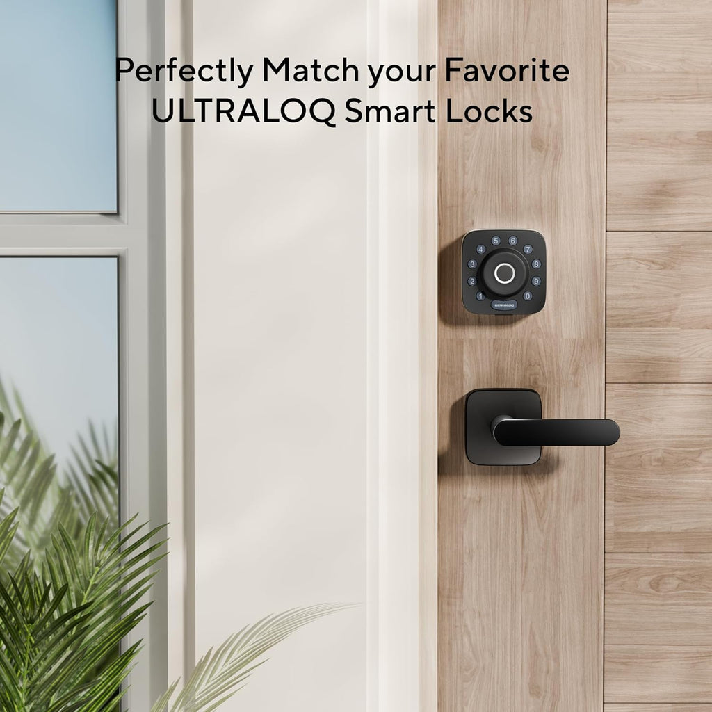ULTRALOQ Passage Lever Door Handle, Reversible Black Front Door Handle No Lock for Interior or Exterior Door, Closet, Hallway, Adjustable Latch Backset, IP65 Waterproof, Matte Black