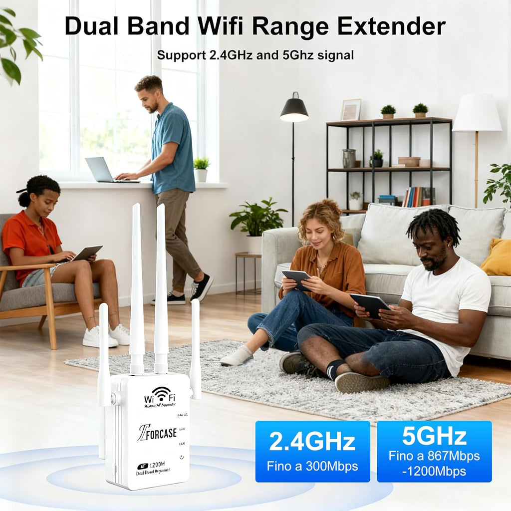 WiFi Extender Signal Booster Dual Band 5.8GHz&2.4GHz, w/6 Antennas WiFi Booster for Home Coverage up to 10200 Sq.ft, Signal Amplifier 1200Mbps WiFi Repeater w/Ethernet Port, 1-Tap Setup
