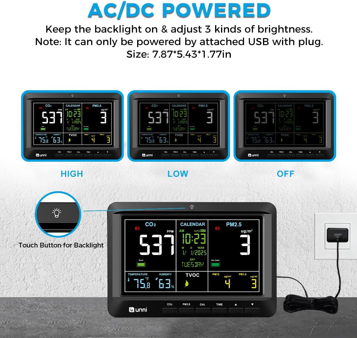 Air Quality Monitor Indoor 7" Display + Alerts, CO2 Monitor PM2.5 PM1.0 PM10 with TVOC Temperature Humidity Carbon Dioxide Detector for Home, Kitchen, Bedroom, Office, RV