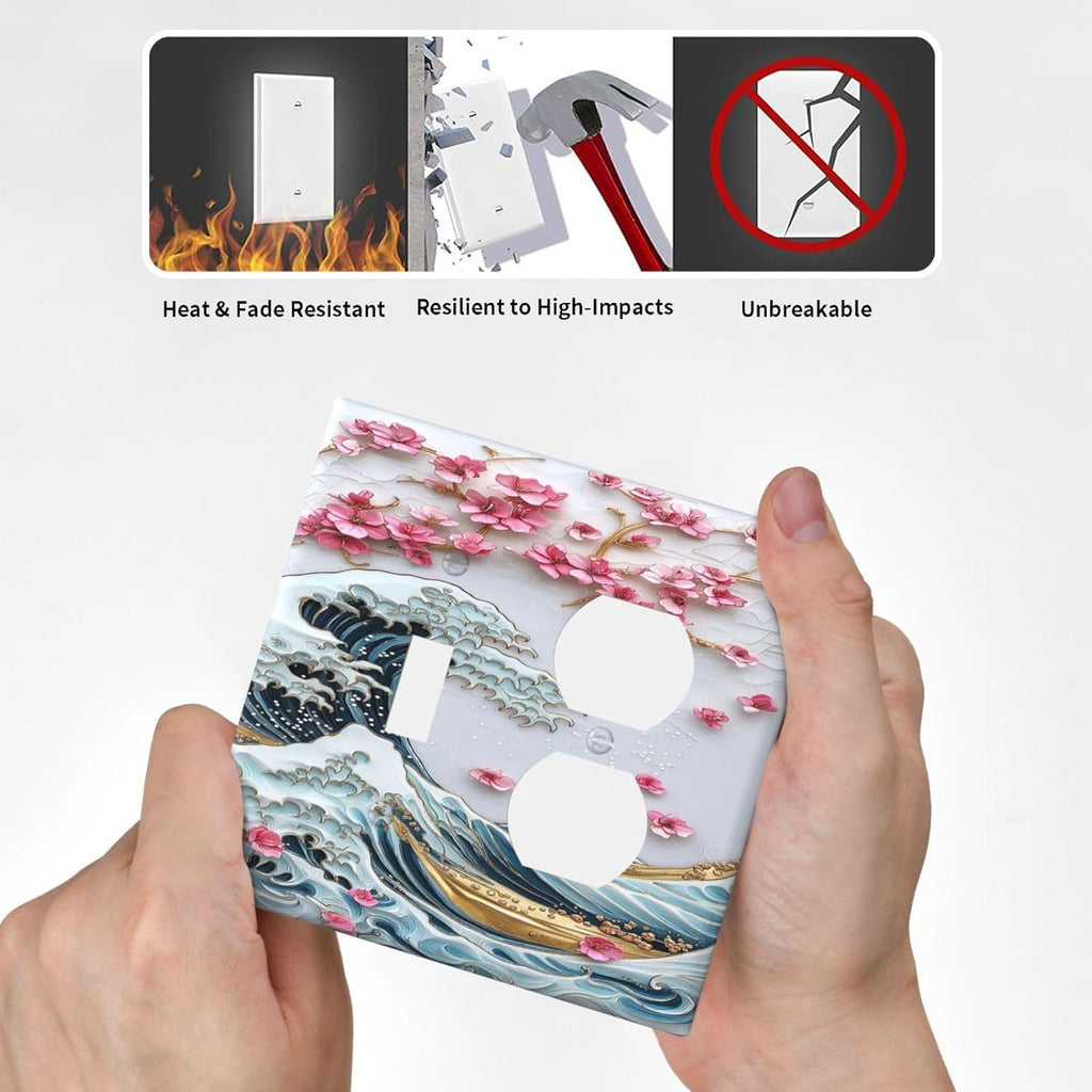 Wallplates The Great Wave Off Kanagawa With Sakura 1 Toggle 1 Duplex Switch Plate Electrical GFCI Faceplate Decorative Light Switch Covers for Bedroom Bathroom Decor