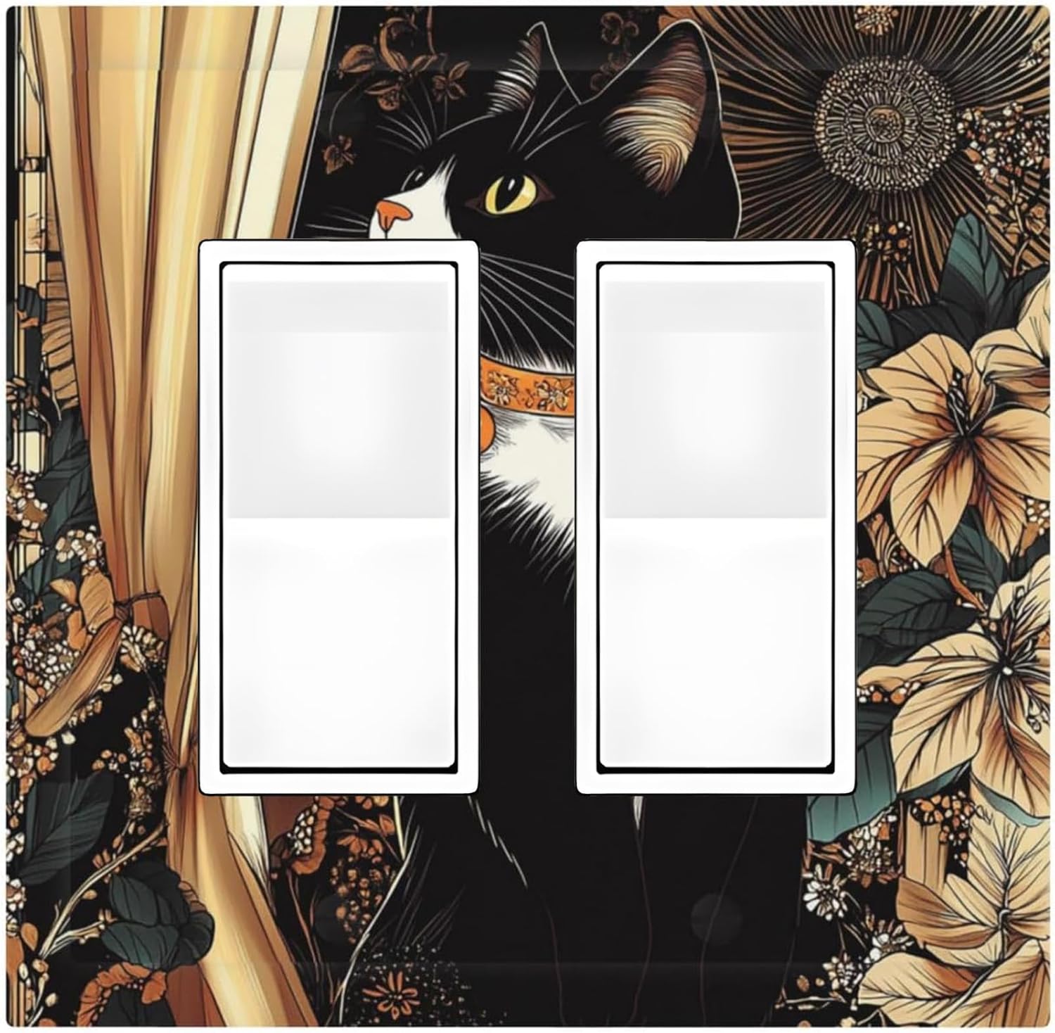 Decorative Outlet Covers Boho Mandala Floral Black Cat Vintage Flower 2 Gang Double Gfci Rocker Electrical Wall Panels Light Switch Cover Plate For Farmhouse Home Decor