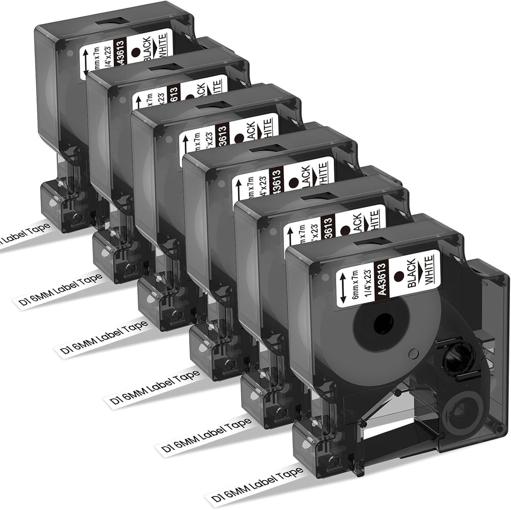 Freshworld Compatible with Dymo D1 Label Tape 1/4 Inch 43613 S0720780 Label Maker Refills d1, Black on White 6mm Refills, for LabelManager 160 210D 260P 280 360D Printer COLORPOP, 23 Ft, 6-Pack