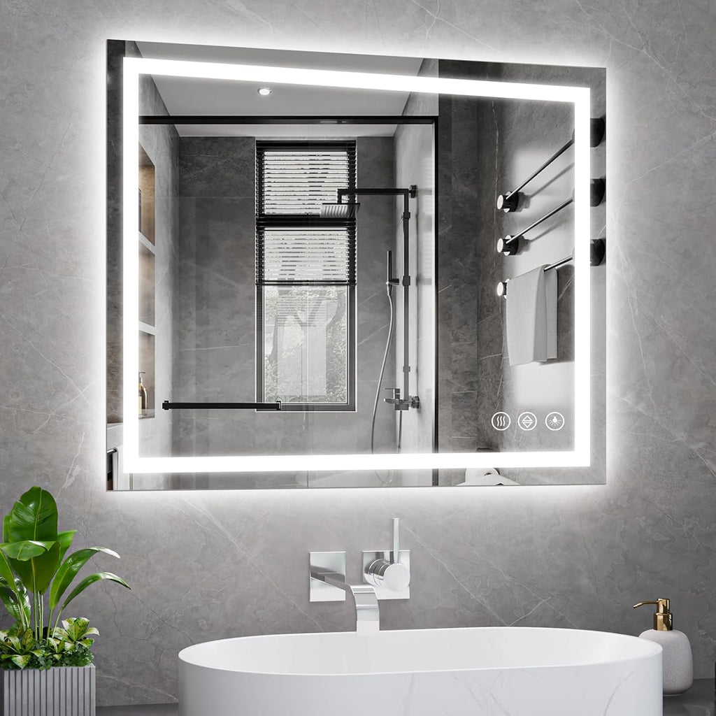 Koonmi 30x36 LED Bathroom Mirror, Backlit + Front Lit, LED Bathroom Mirror with Lights for Wall, 3 Colors, Anti-Fog, Dimmable Brightness, Memory Function, Tempered Glass