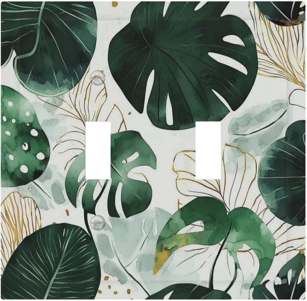 Boho Tropical Green Leaf Watercolor Banana Leaves Decorative Switch Plates 2 Gang Double Toggle Outlet Light Switch Cover Wall Plate Electrical Faceplate For Bed Room Living Room Decor