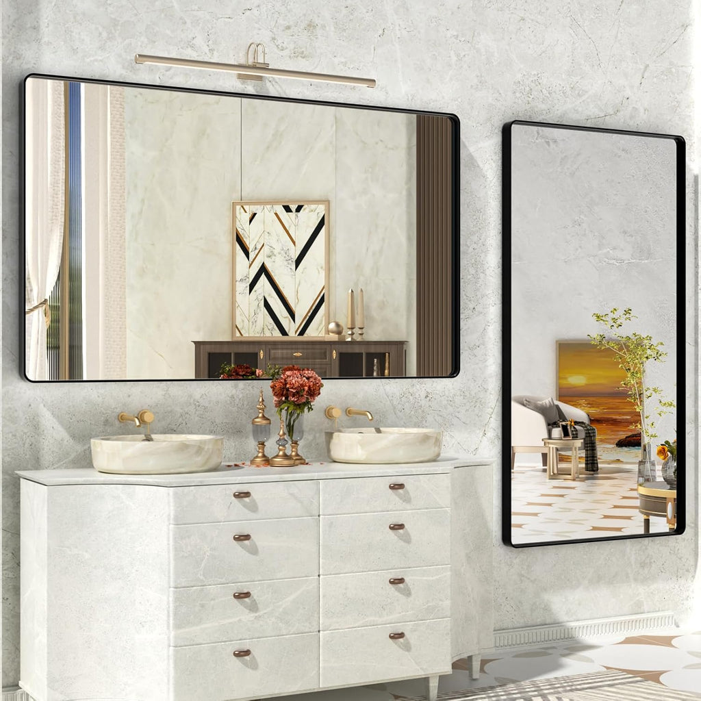 Rectangle Black Bathroom Mirror 60x28 Inch, Large Matte Black Bathroom Vanity Mirror,Round Corner Black Metal Framed Mirror for Wall,Anti-Rust,Tempered Glass (Horizontal/Vertical)