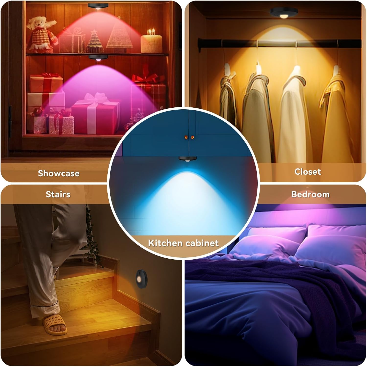 Rechargeable Puck Lights with Remote, 12 Pack Magnetic Under Cabinet Lighting, 1500mAh Battery Operated LED Tap Lights with Dimmer & Timmer for Kitchen, Closet, Shelf - 3 Color Temps & 12 RGB, Black