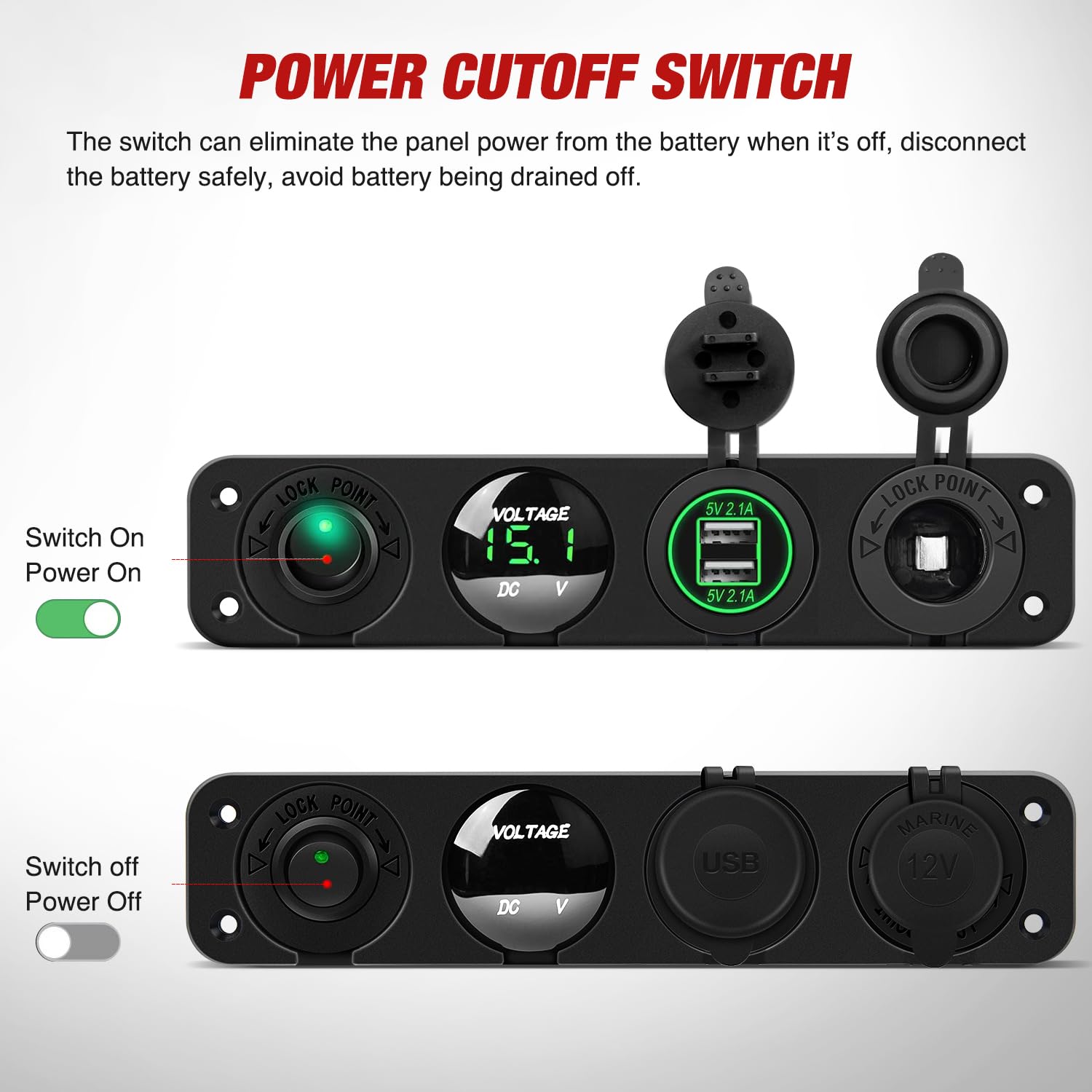 Nilight 4 in 1 ON/Off Charger Socket Panel Dual USB Socket Power Outlet LED Voltmeter Cigarette Lighter Sockets Led Lighted On Off Rocker Toggle Switch for Truck Car Marine Boats RV