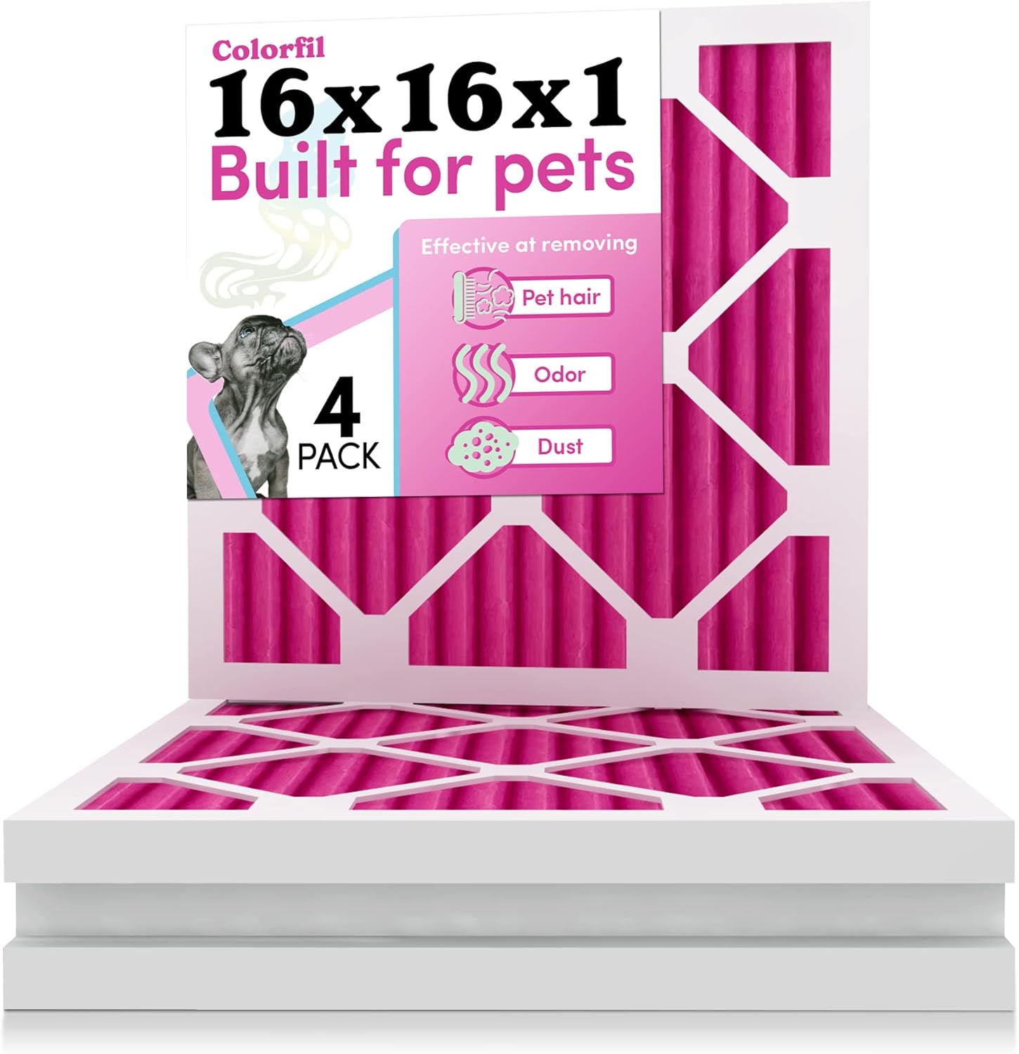 16x16x1 Air Filter by Colorfil | Color Changing Filters for Cat and Dog Odor | MERV 8 Furnace AC Filter for Pet Hair and Dust | 15.75"x15.75"x0.75" Exact Size | Pack of 4