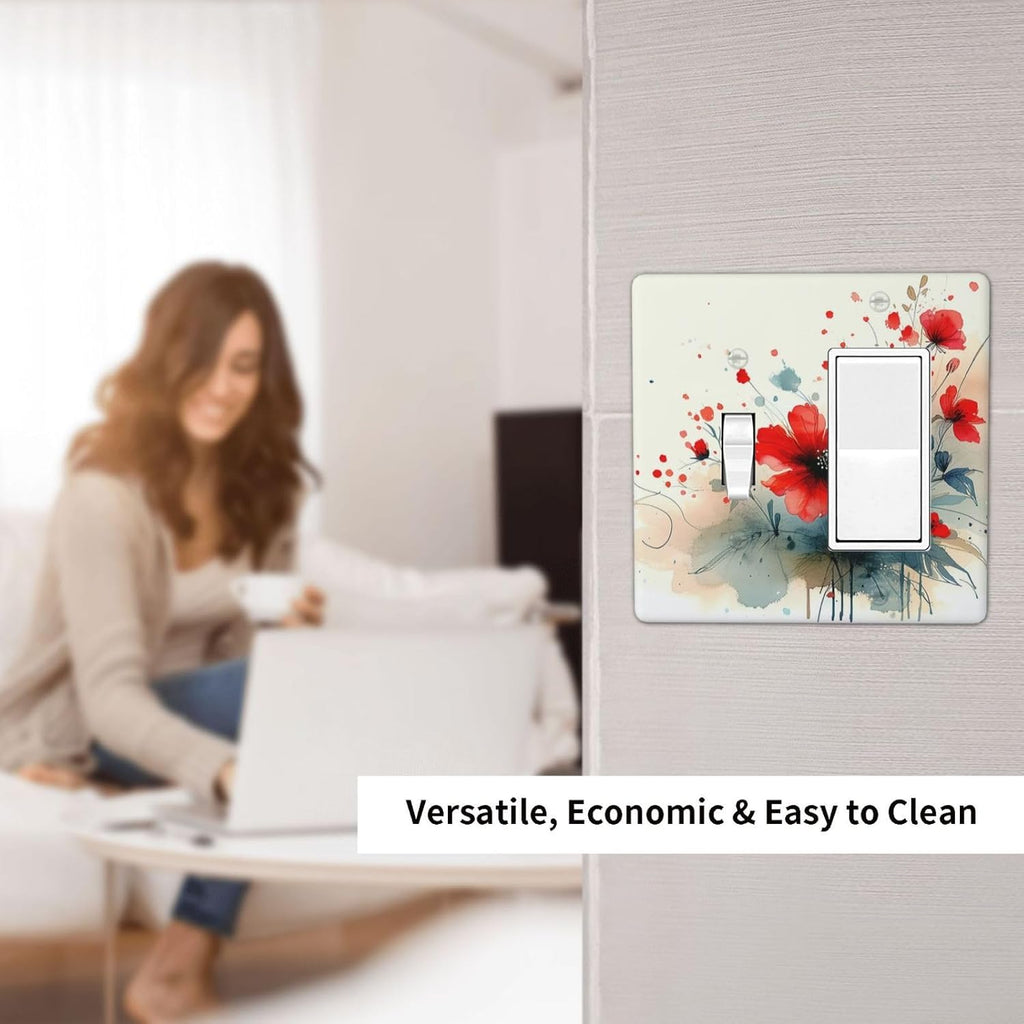 Vintage Floral Red Watercolor Modern Outlet Covers 1 Toggle 1 Rocker Combination Light Switch Cover Plate Decorative Wall Plate Electrical Switch Plates for Bedroom Bathroom Decor