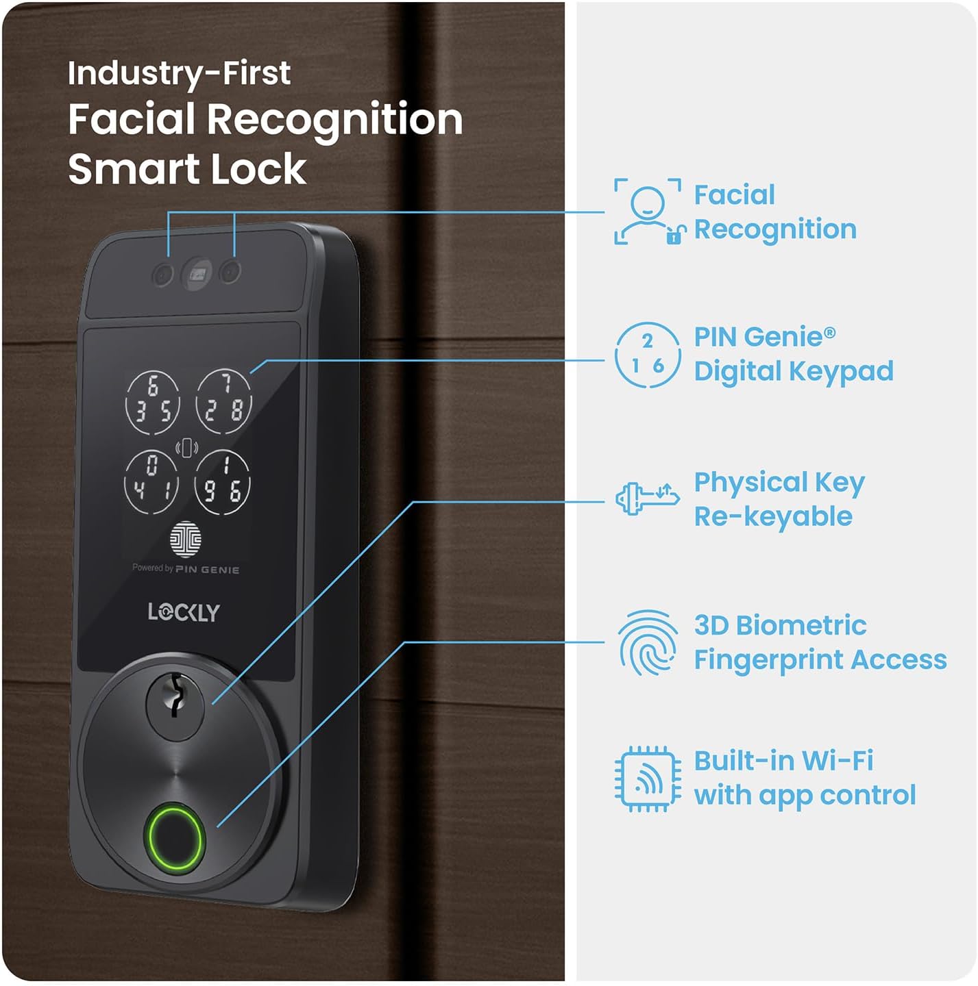 Lockly Visage Zeno Series Smart Lock, Facial Recognition & Fingerprint Keyless Entry Door Lock, Built-in Wi-Fi Deadbolt with Apple Home Key, PIN Genie Keypad, App Remote Control, Easy Installation