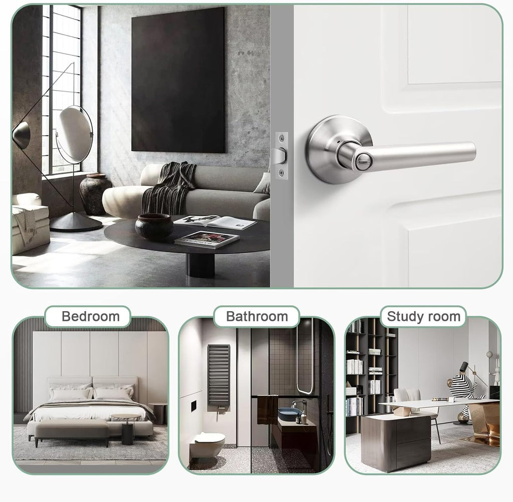 GOBEKOR 5 Pack Brushed Nickel Door Handles Privacy Door Levers with Lock,Heavy Duty Interior Door Handles for Bedroom and Bathroom,Sleek Round Door Lever Satin Nickel with No Key