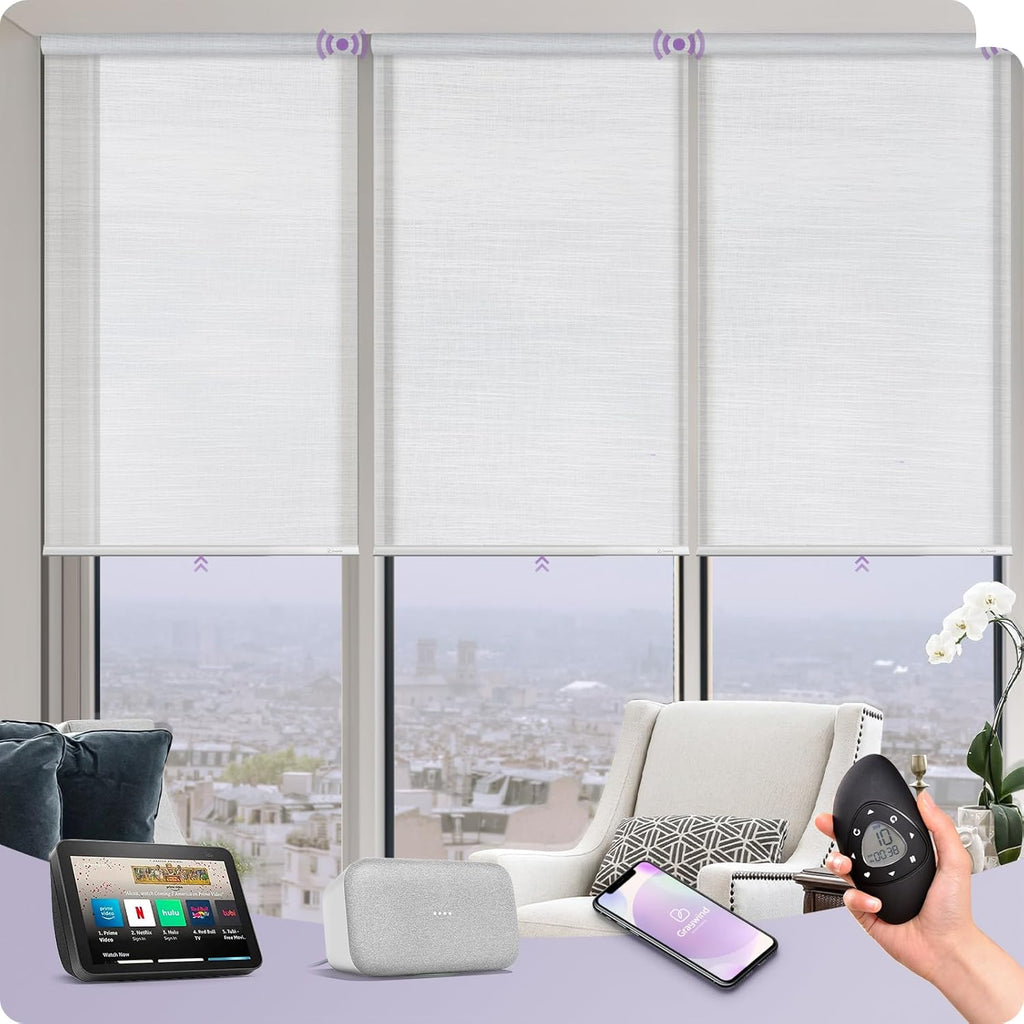 Graywind Motorized Light Filtering Shades Compatible with Alexa Google Rechargeable Remote Control Smart Blinds Automatic Window Shade with Valance for Home Office, Custom Size (Mixwave White)