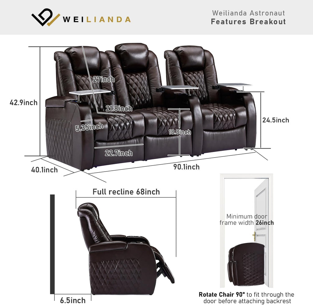 Weilianda Home Theater Seating Top Grain Leather Zero Gravity Recliner Chair Power Headrest Recline Movie Seat Gaming 7 Colors Mood Light Sofa with Tray Table USB Charge Row of 3 Loveseat Left Brown