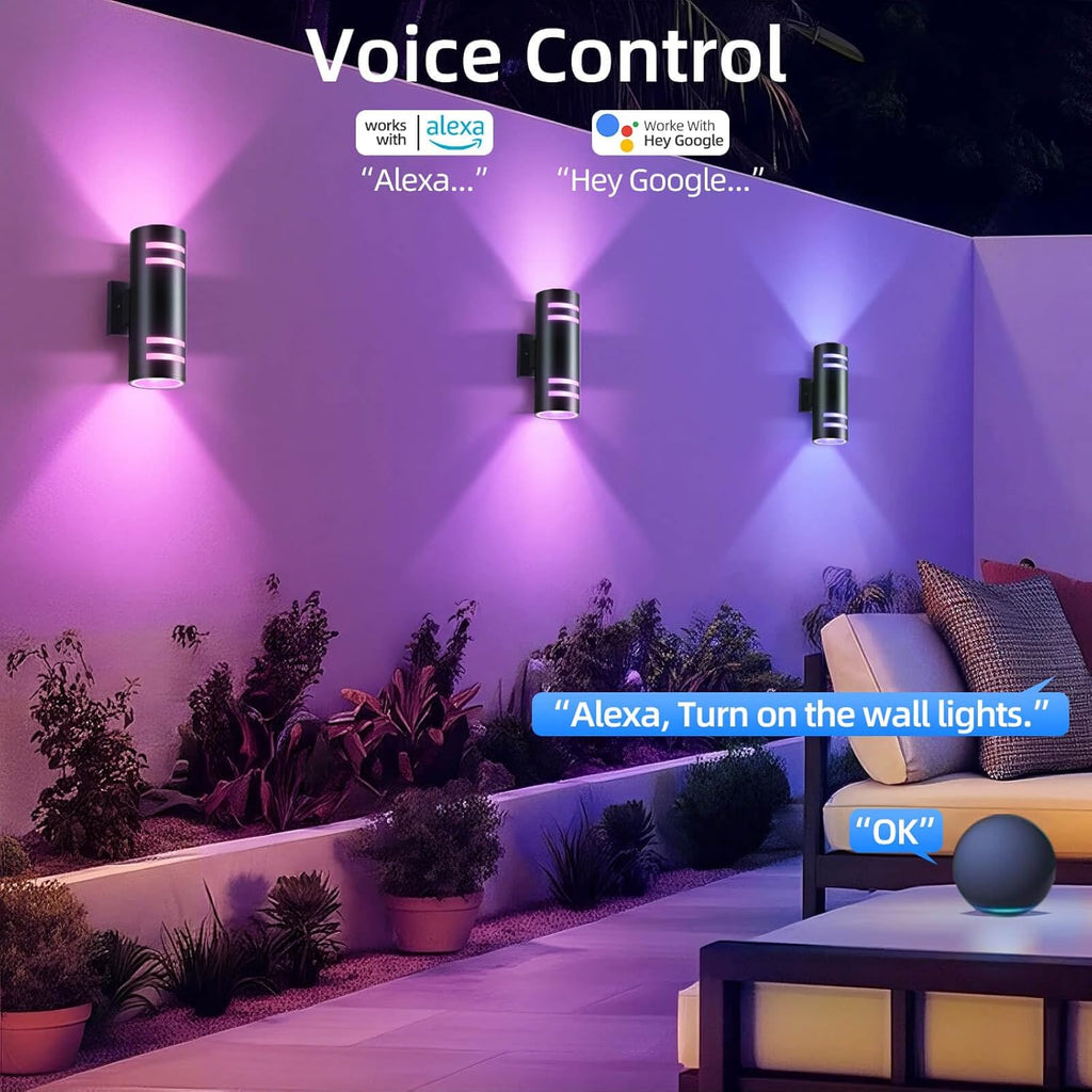 SHIMR Modern RGBCW Outdoor Wall Lights 2 Pack, Color Changing Outdoor Sconce Lights with APP Control, Black Cylinder Exterior Lighting Fixtures Aluminum Up Down Outside Lights for House [ETL Listed]