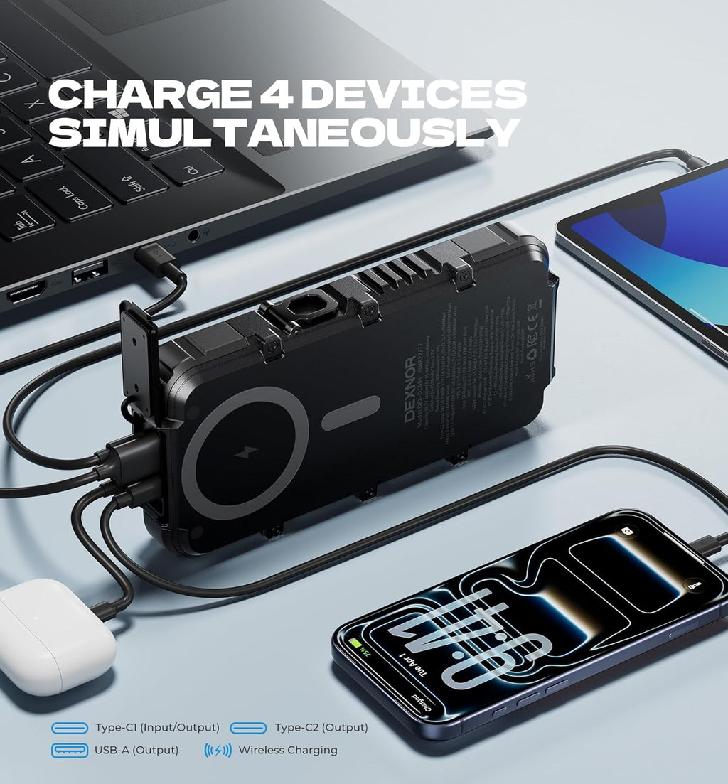 Dexnor Solar Charger Power Bank 27,000mAh, 65W PD3.0 & QC3.0 Fast Charging Powerbank External Battery Pack Portable Wireless Chargers with Flashlight and Carabiner, Compatible with MagSafe & Qi