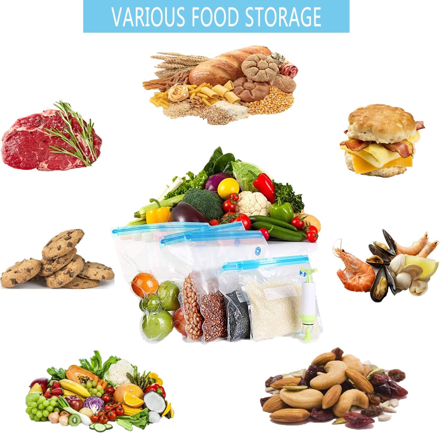 Sous Vide Bags 60pcs Reusable Vacuum Sealer Bags with 4 Sealing Clips, Reusable Vacuum bags for Food Storage and Sous Vide Cooking (10.2x11 Inch)
