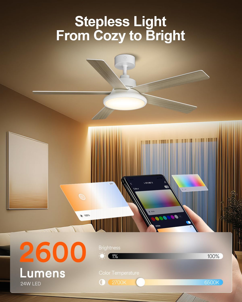 Lumary 52'' Smart Ceiling Fan with RGBAI Lights Remote, RGB & Stepless Color Temperature, Work with Alexa/Google/App, 46 Scenes, Modern Flush Mount Low Profile Ceiling Fan for Bedroom Kids Room, White