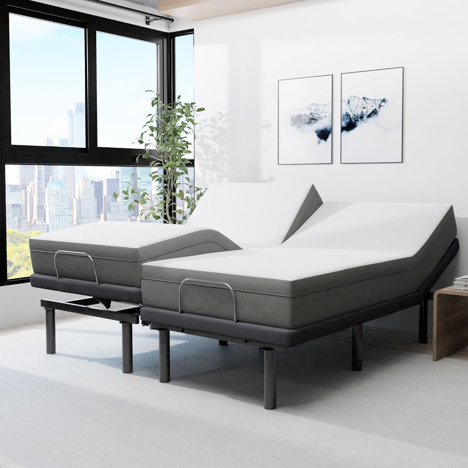 Blissful Nights e4 Split King Adjustable Bed Base Frame with 10" Medium Firm Gel Infused Memory Foam Mattress