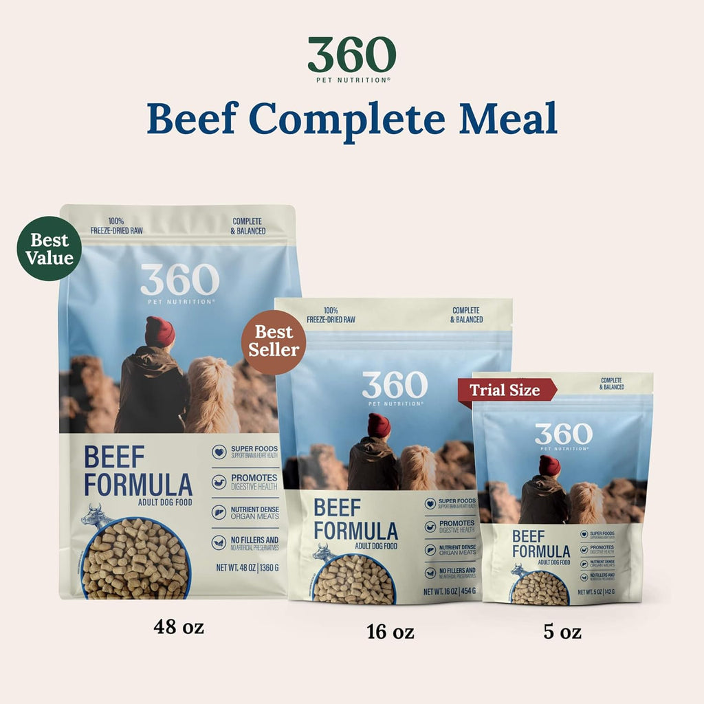 360 Pet Nutrition Freeze-Dried Raw Dog Food – Beef Recipe with Liver & Organs, High Protein with Omega-3s, Fruits, Veggies & Superfoods, Grain-Free, No Fillers, 1 lb – Made in USA