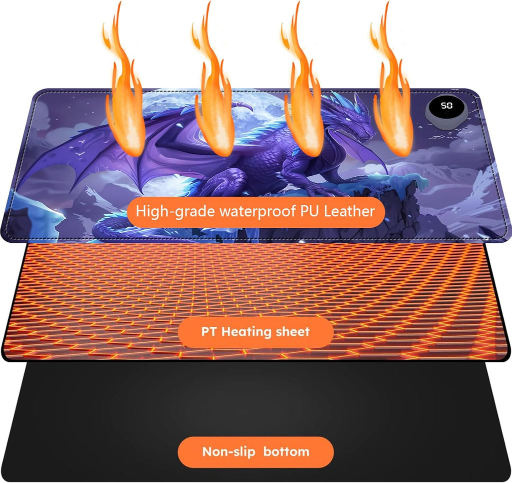 Heated Mouse Pad with 3 Levels Heated & 3 Hours Auto Shut-Off Mouse Pad for Warming Hands in Office Home, 31.5" x 13"Large Safe Desk Mat Hand Warmer，Angry Flying Dragon