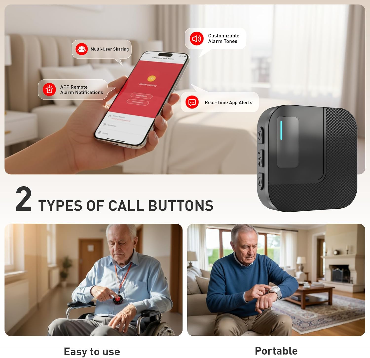 SanJie Wi-Fi Wireless Caregiver Pager Alert System - Emergency Button for Elderly/Seniors/Disabled/Patients, 2 Call Button + 1 Watch + 2 Receiver, 2.4GHz Wi-Fi Only