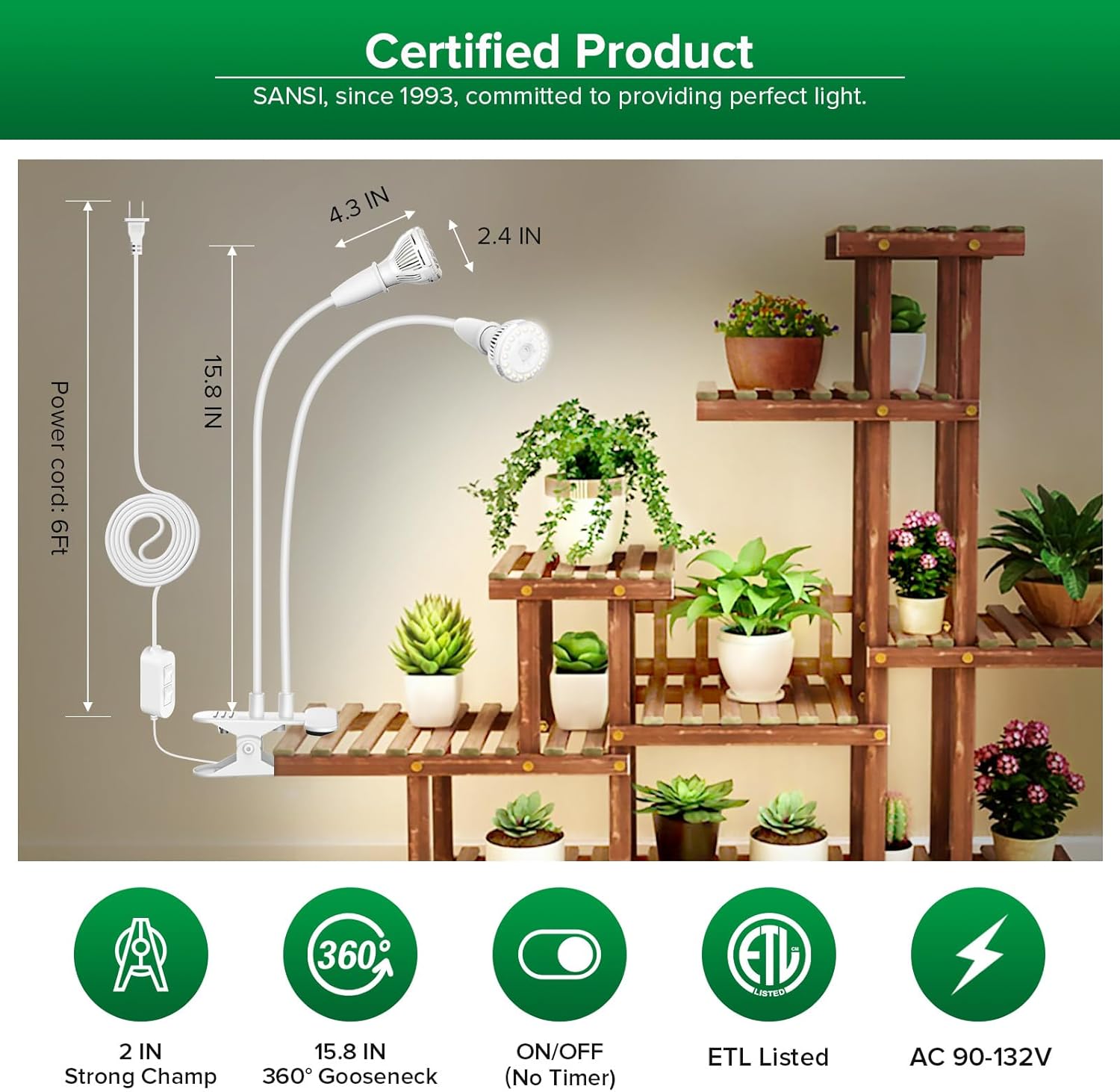 SANSI LED Grow Lights for Indoor Plants, 300W Full Spectrum Clip-on Gooseneck Grow Light with Ceramic Tech.,20W Plant Light for Indoor Growing High PPFD, Lifetime Free Bulb Replacement White, No Timer