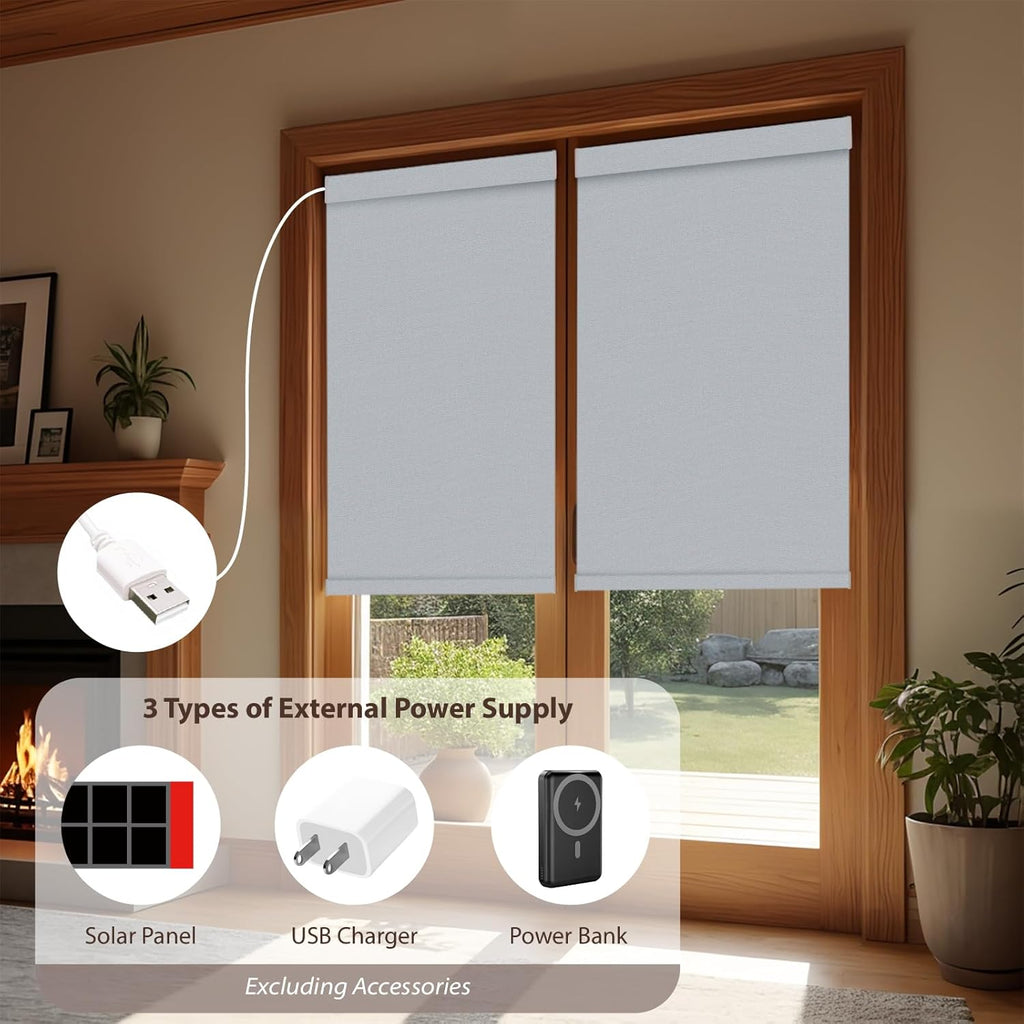 Motorized Roller Blinds with Remote, 100% Blackout Automatic Roller Shades for Bedroom, Bathroom, and Living Room, Customized Size, Morning Haze Gray