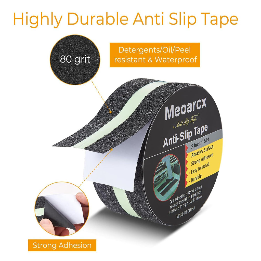 Anti Slip Traction Tape with Glow in Dark Green Stripe, 2 Inch x 16 Feet Waterproof Grip Tape, High Friction Abrasive Adhesive Non Slip Tape for Indoor and Outdoor Stairs, Black