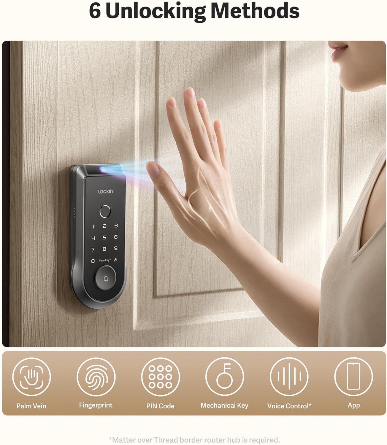 Lockin Veno Smart Deadbolt Lock with Palm Vein, Keyless Entry Smart Lock for Front Door with Doorbell, Fingerprint Lock with Built-in WiFi, App Remote Control, 7-Month Battery Life, IP65 Waterproof