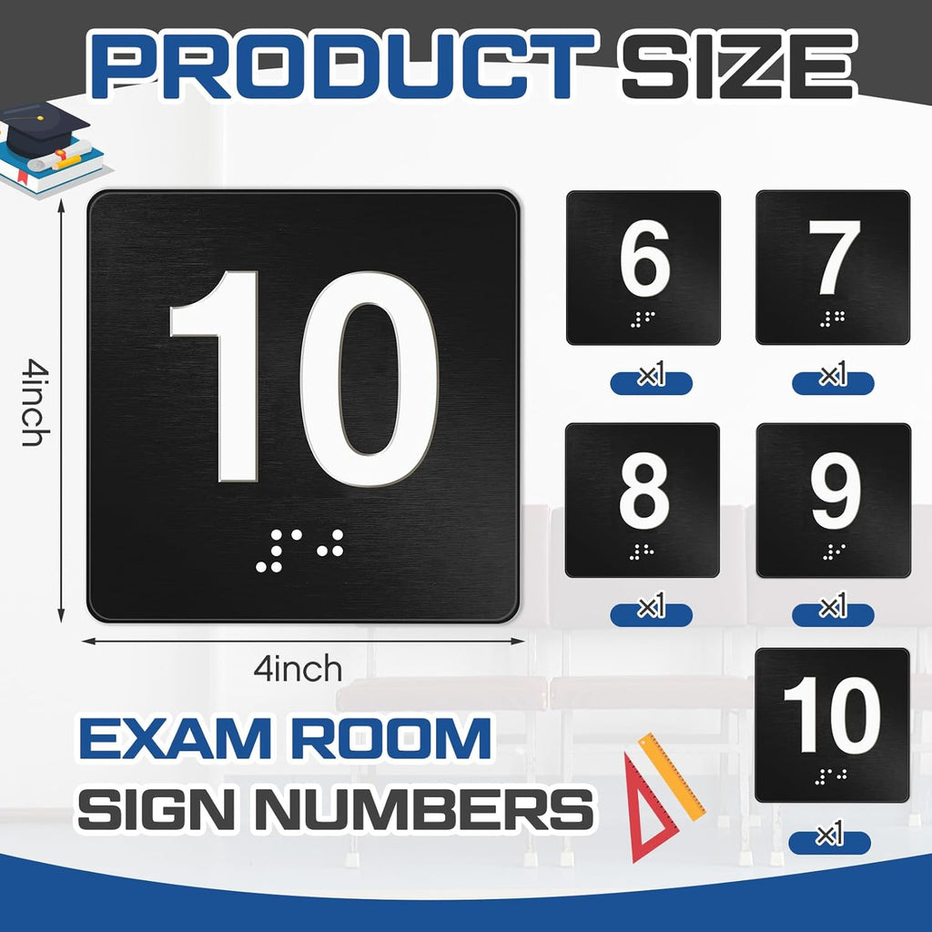 Exam Room Sign with Braille and Tactile 4" x 4" Identification Signs Numbers for Exam Rooms Offices Educational Institution Directional Assistance Test Center (Black/white,Numbers 6-10)