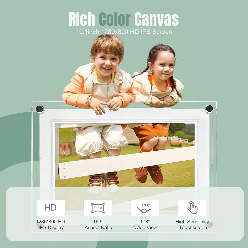 Frameo Digital Picture Frame,10.1 Inch WiFi Slim Acrylic Digital Photo Frames,1280x800 HD IPS Touch Screen Photo Frame Electronic,32GB Memory,Share Photos/Videos Instantly via Frameo App from Anywhere