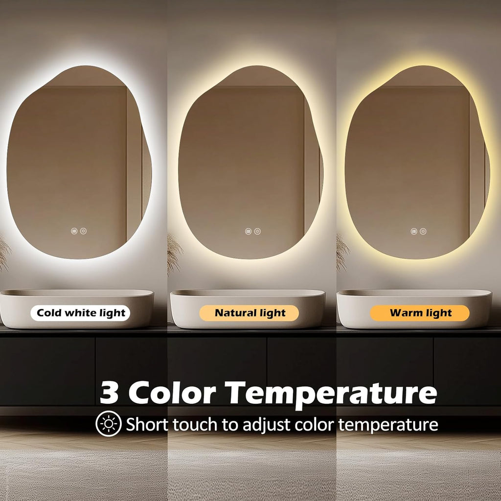 LED Bathroom Mirror with Lights 24x32, Stepless Dimmable Irregular Backlit Mirror with 3 Colors, Anti-Fog, Memory, Al-Alloy Lampshade, Frameless Smart Mirror for Bathroom (Horizontal/Vertical)