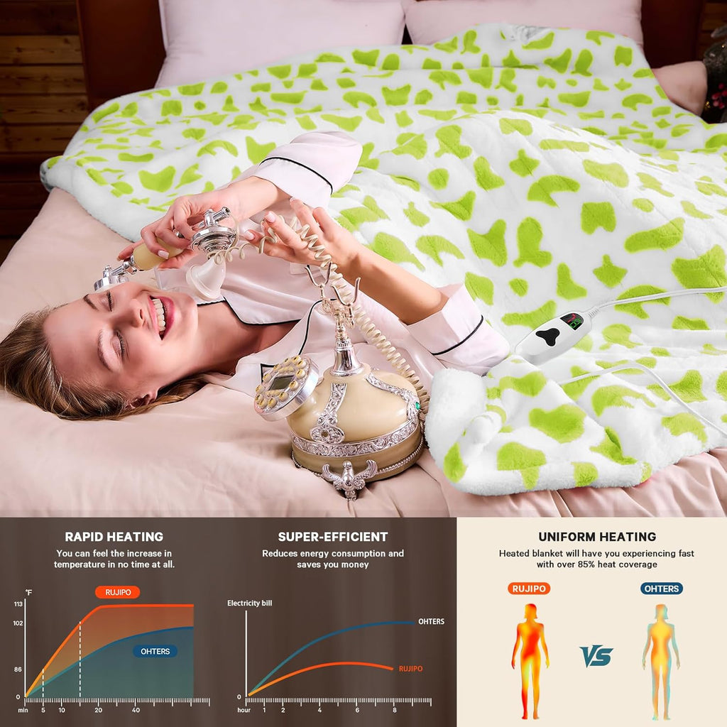 Green Cow Heated Electric Blanket Throw, 50X60 Heating Blanket with 10 Heats Levels & 8 Hours Auto Off, Cute Christmas Yoga Gifts for Women Teen Girls Mom Pets, Home Decor for Living Room Bedroom