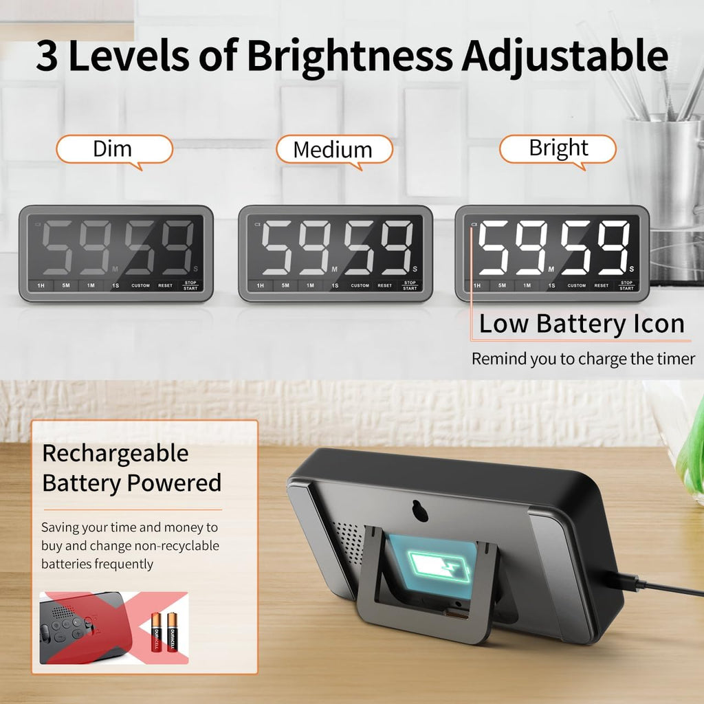 VOCOO Digital Kitchen Timer with 7.8” Extra Large Display, Magnetic LED with 3 Brightness, 4 Alarms and 3 Volume Levels, Battery Powered Countdown Count Up Timer for Cooking, Classroom, Home Gym