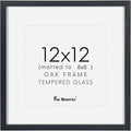 Black Picture Frame 12x12, Oak Wood Frame With Tempered Real Glass, Matted to 8x8, Square Photo Frame for Wall, 1 Pack