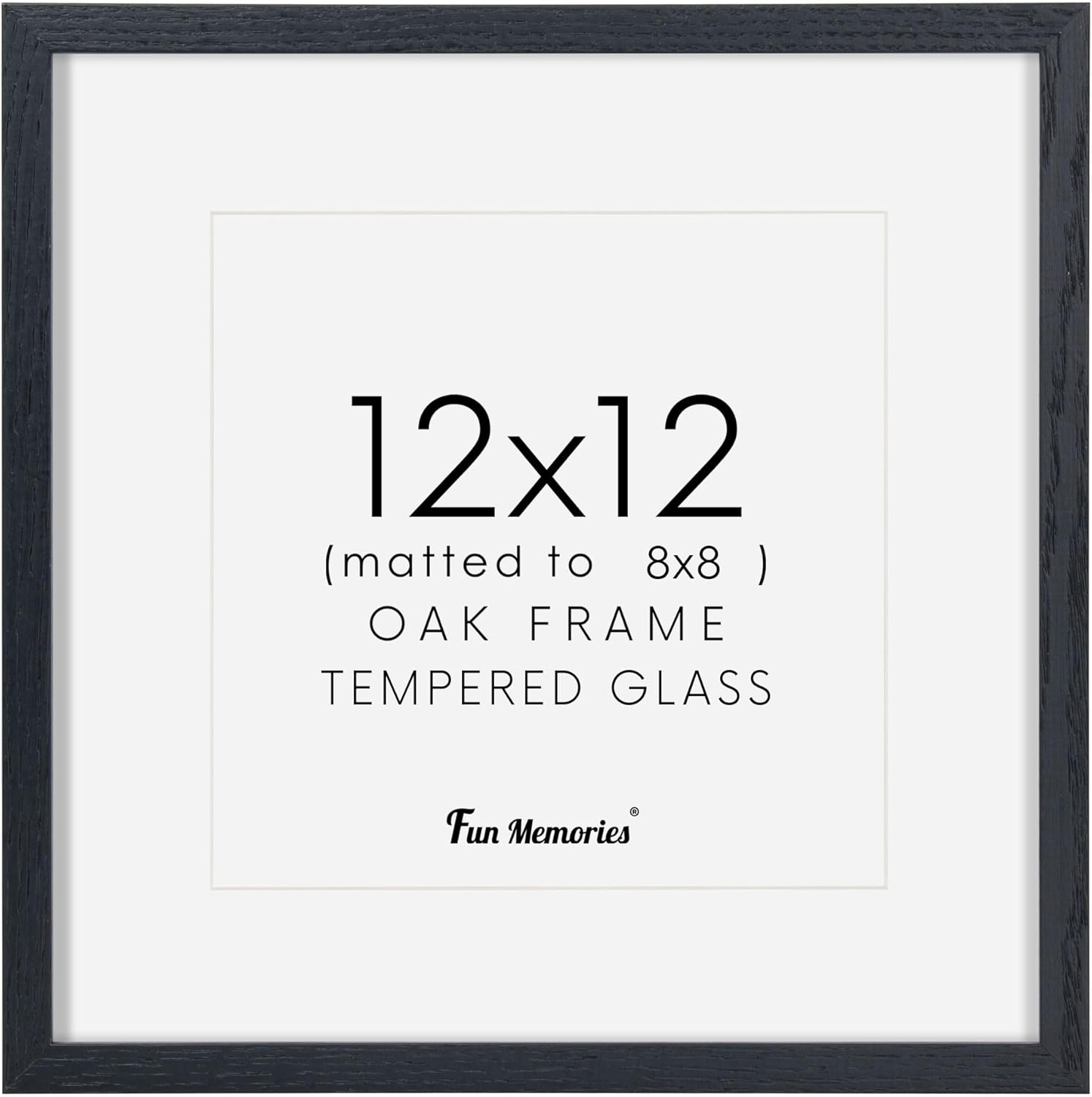 Black Picture Frame 12x12, Oak Wood Frame With Tempered Real Glass, Matted to 8x8, Square Photo Frame for Wall, 1 Pack