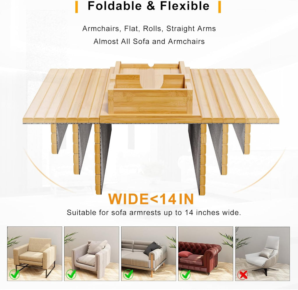 Bamboo Sofa Armrest Tray - Couch Arm Tray with Detachable Couch Cup Holder - 2 in 1 Anti-Slip Foldable Sofa Armchair Caddy Table for Drinks Cellphone TV Remote Snacks